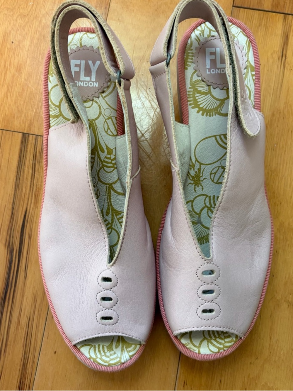 Fly London Yeay Rose Pink Leather Wedge Sandals Peep Toe Slingback Size 39 - Picture 2 of 9